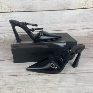 Rebecca Minkoff Buckle Womens Sz 7.5M Pointed Toe Mules Heels Black Leather